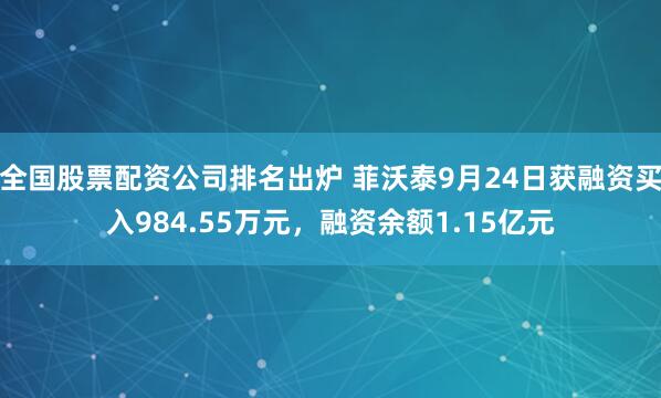 全国股票配资公司排名出炉 菲沃泰9月24日获融资买入984.55万元，融资余额1.15亿元